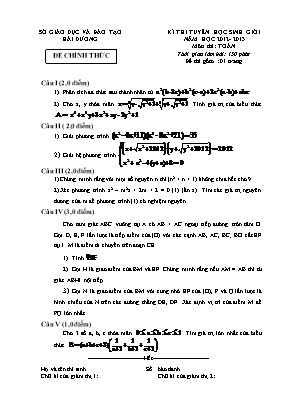 Đề thi tuyển học sinh giỏi môn Toán Lớp 9 - Năm học 2012-2013